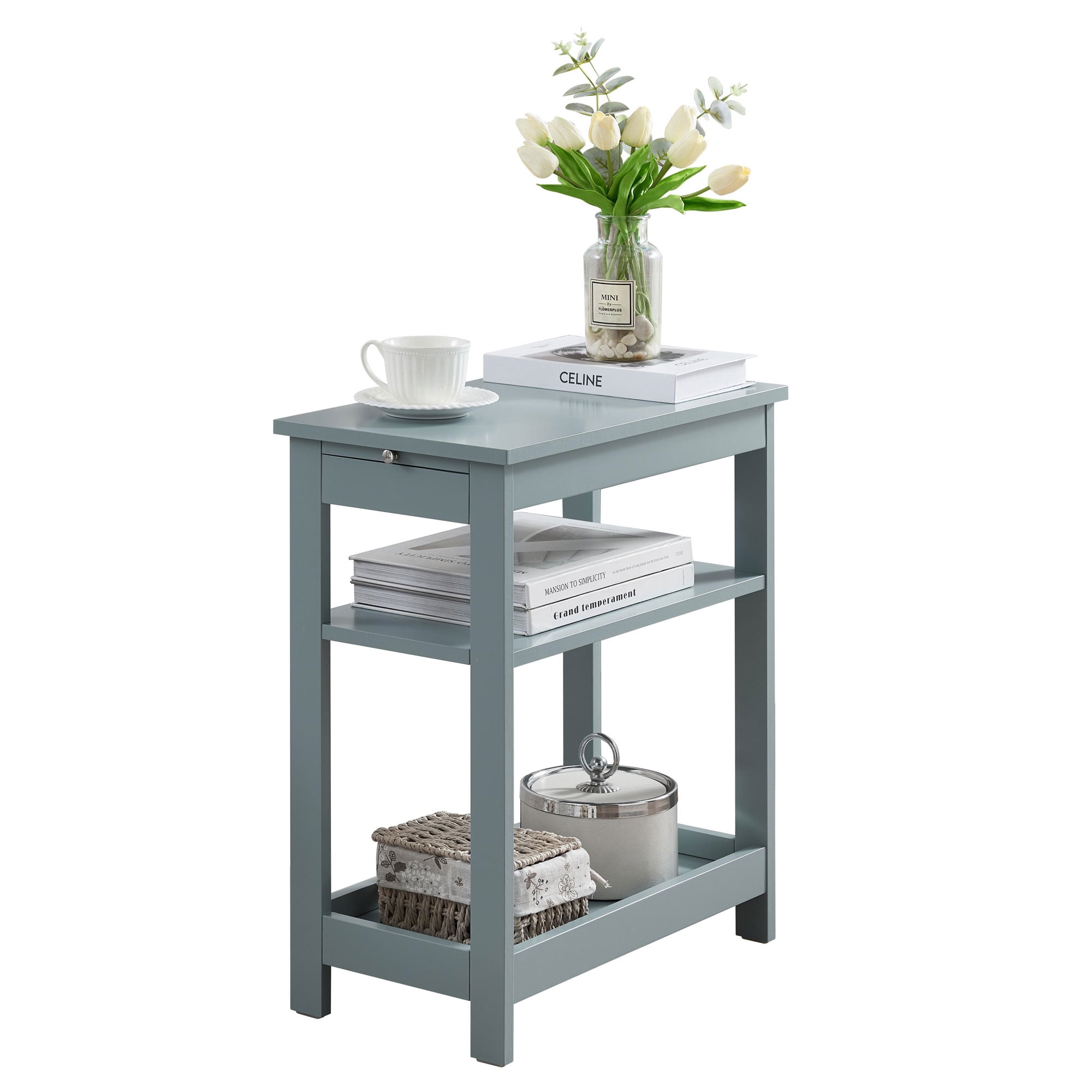 Kings Brand Furniture - Slim Wood Side End Table with Storage Shelves & Pull-Out Tray, Nightstand for Bedroom, Living Room, Ice Blue