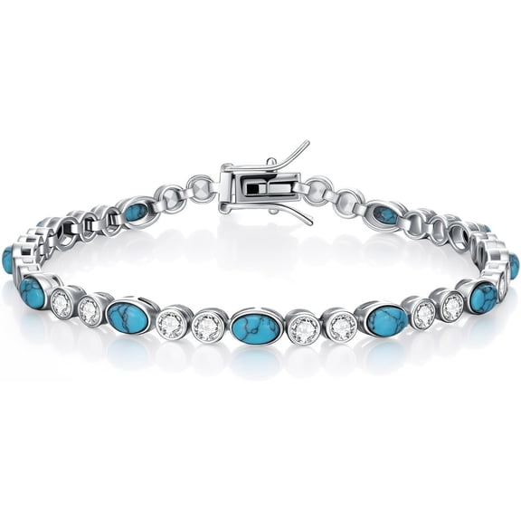 SISGEM 925 Sterling Silver Oval Turquoise Exquisite Tennis Bracelet with CZ Boho Style Bracelet Jewelry Gifts for Women Mother