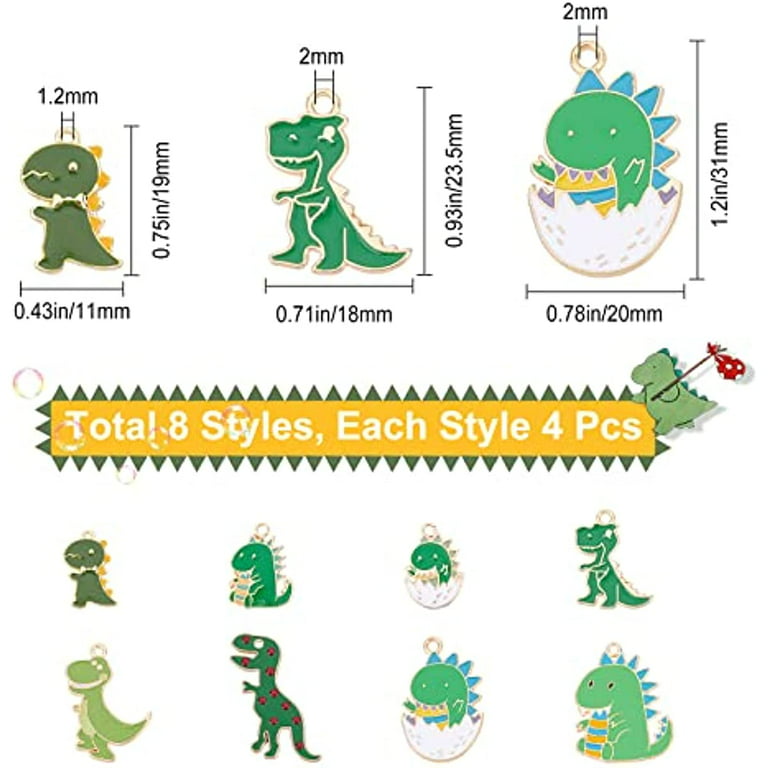 32Pcs 8 Style Enamel Dinosaur Charms Alloy Pendant Green Cartoon