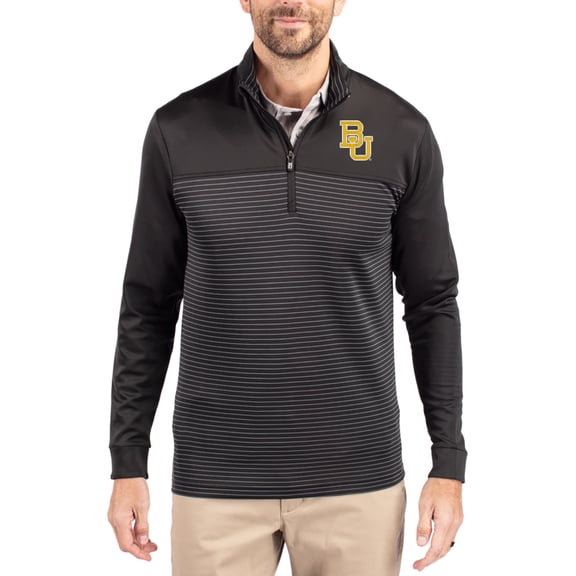 Men's-Cutter & Buck  Black Baylor Bears Traverse Stretch Eco Stripe DryTec Tri-Blend Quarter-Zip Pullover