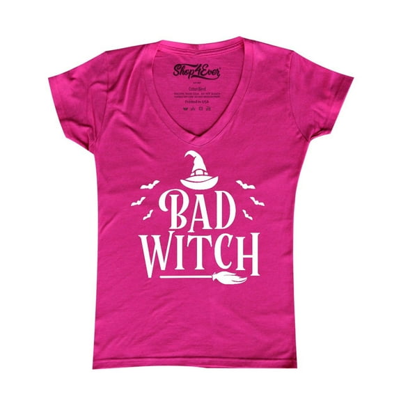 Shop4Ever Women's Bad Witch "WHITE" Halloween Costume Slim Fit V-Neck T-Shirt Medium Pink