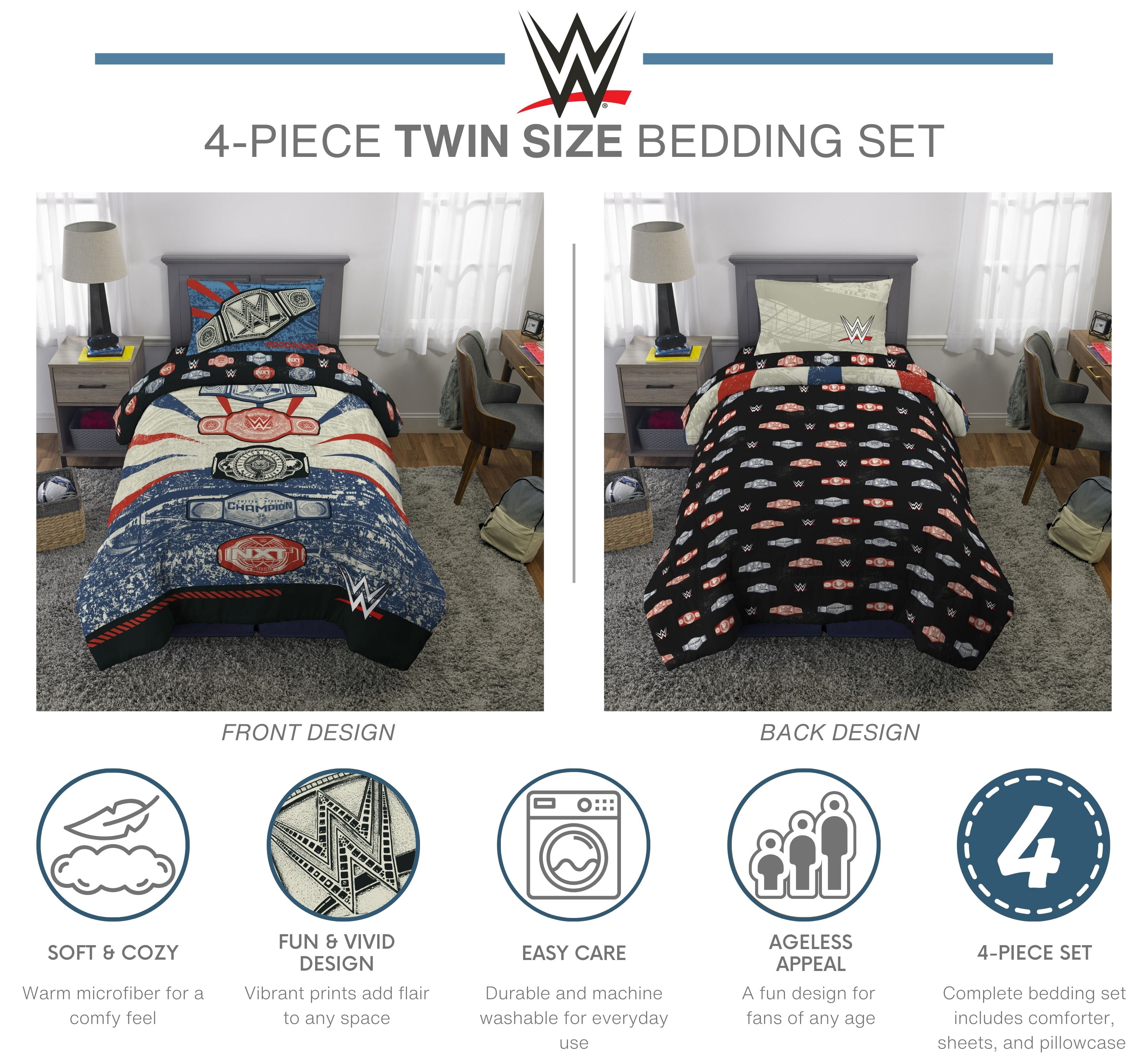 WWE Kids Twin Bed in a Bag, 4Pc Bedding Set, Comforter and Sheets