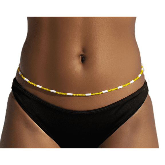 Yellow Waist Beads with Glow in Dark Accents, 2MM Seed Beads, 44 Inches of Beads, Traditional Tie-On Cotton Thread