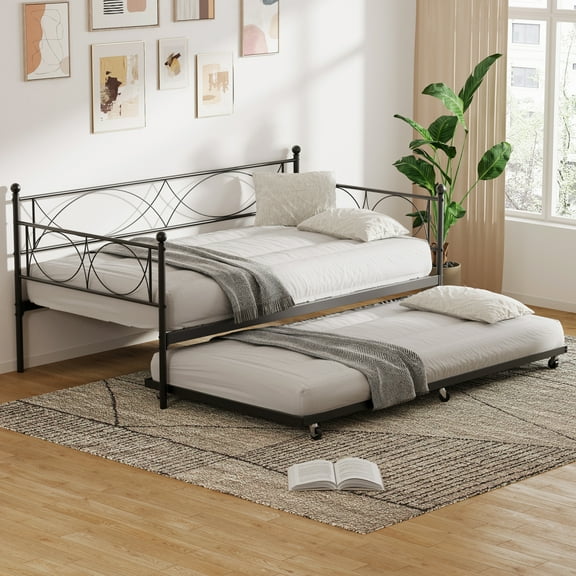 Eastvita Metal Daybed Frame with Trundle, Heavy Duty Metal Slats, Mattress Foundation Platform Sofa Bed with Lockable Casters, for Bedroom, Living Room, Guest Room