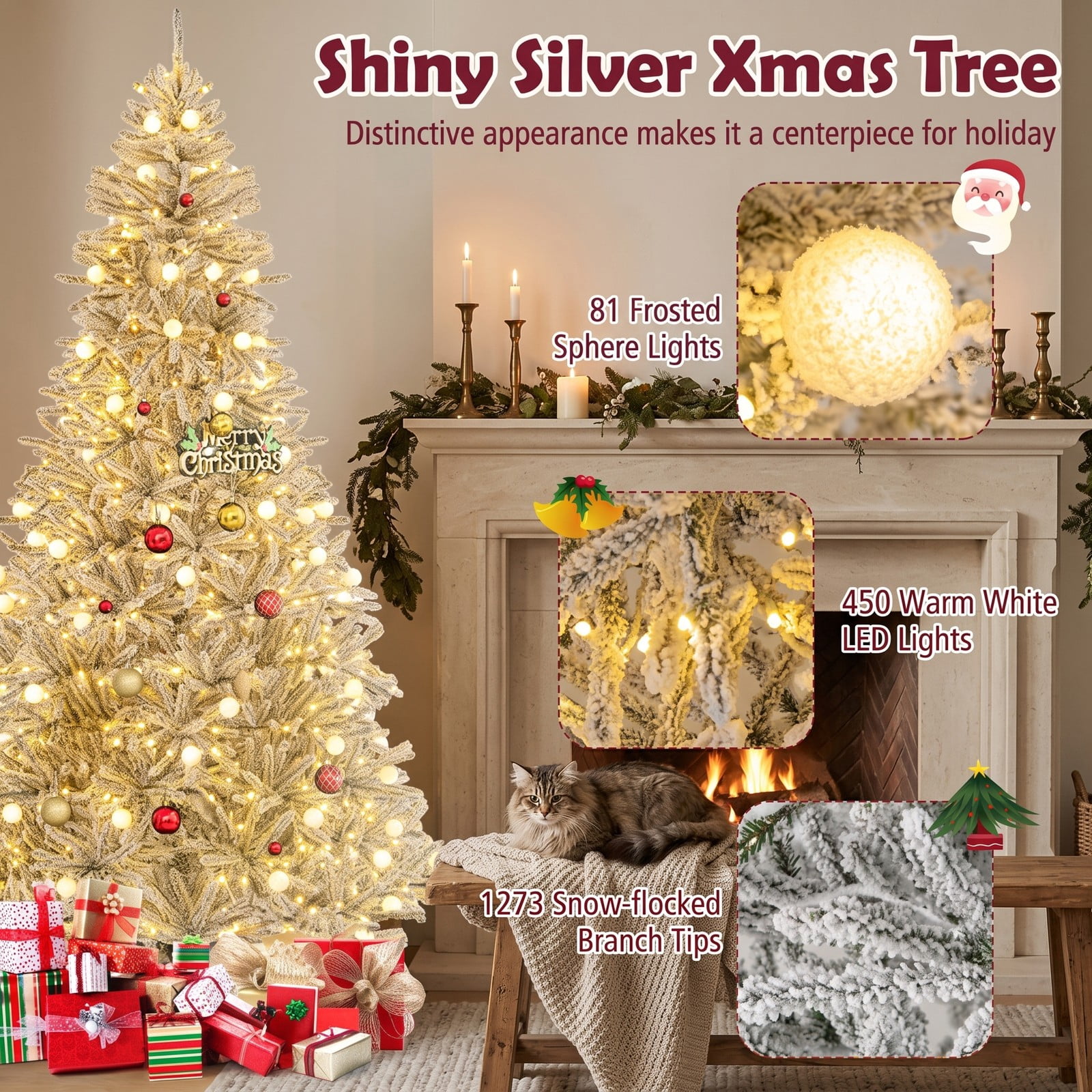 RUIE 8 Feet Pre-lit Snow-Flocked Artificial Christmas Tree, Hinged Xmas Tree with 450 Warm White LED Lights, 81 Sphere Lights, Remote and Timer for, Green & White
