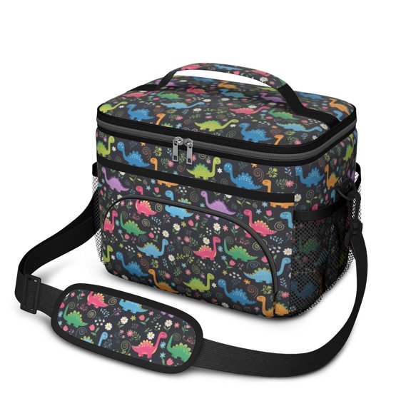 Dinosaur and Floral Black Pattern Insulated Lunch Box for Women Men, Medium Leakproof Cooler Bag with Adjustable Strap, 10"x6.7"x8"