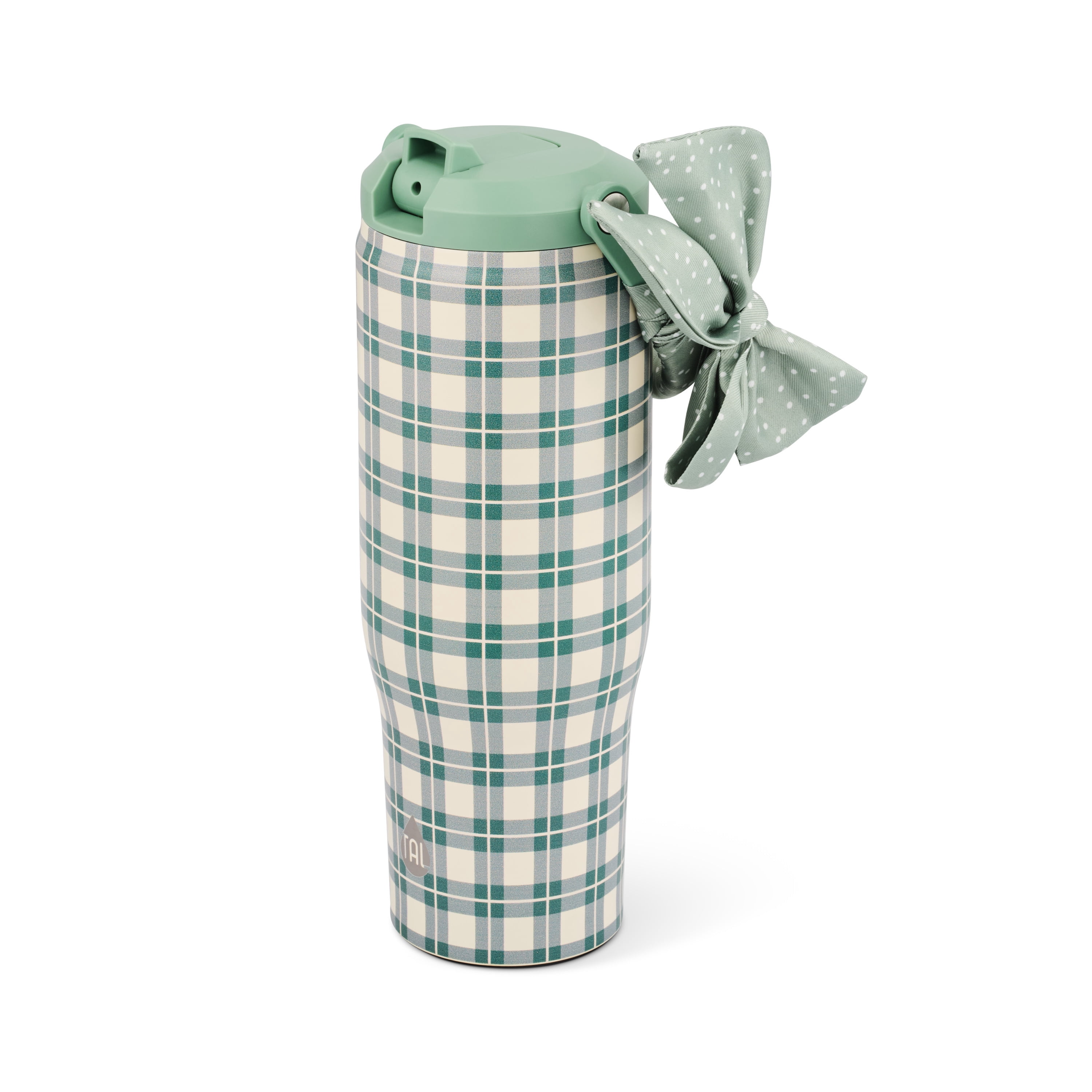 TAL 30oz Stainless Steel Hudson Flip Tumbler with Removable Scarf on Handle, Sage Plaid