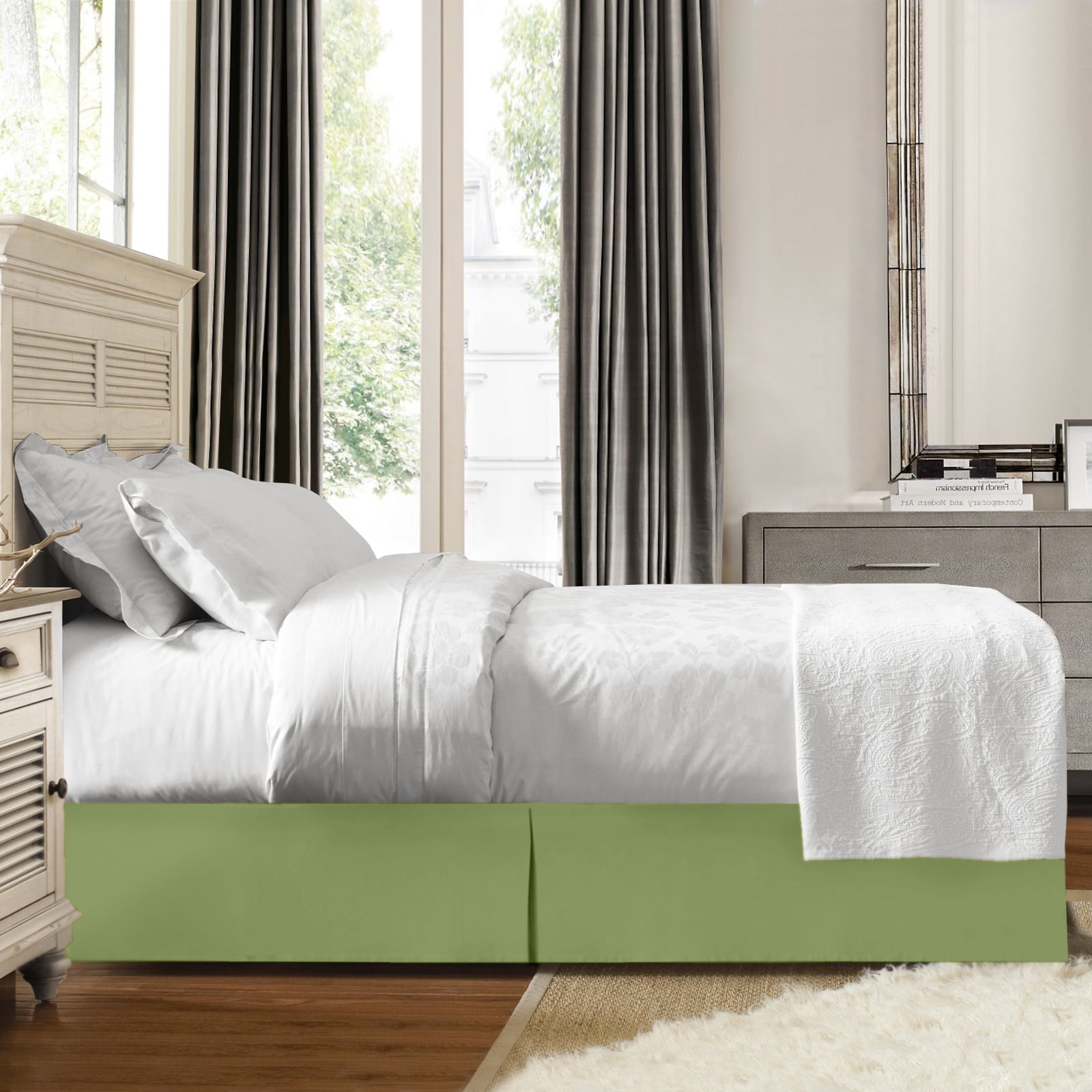 14" Tailored Pleated Bed Skirt Dust Ruffle, King, Cala Green, by Clara Clark