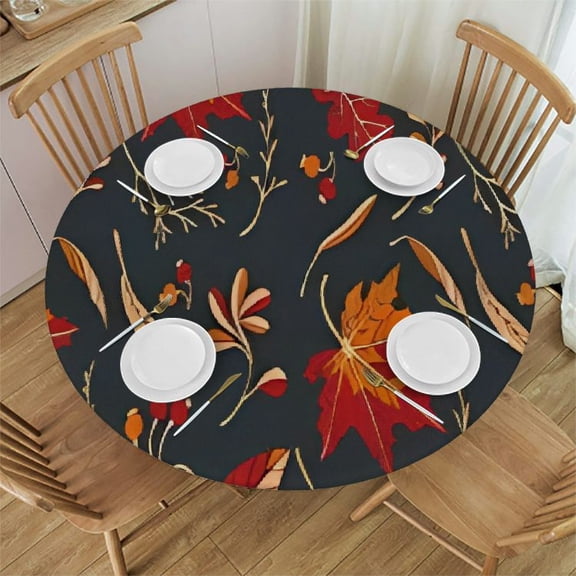 HAOXIT Fitted Round Tablecloth Autumn Leaves,cute red maple leaves fall Table cover,Elastic Edged Table Cloth Fits Round Tables 31"-35