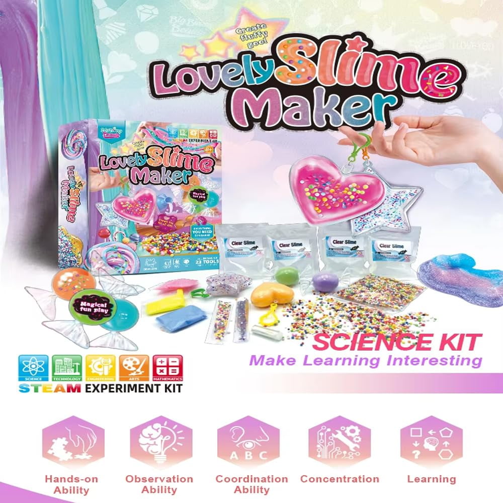 Lovely Slime Maker Kit for Kids - Includes 10+ Pre-Made Rainbow Slimes, Candy Pellets, Heart & Star Molds - DIY Glitter, Fluffy, Clear, and Glow-in-The-Dark Slime - Safe, Non-Toxic, Creative Fun