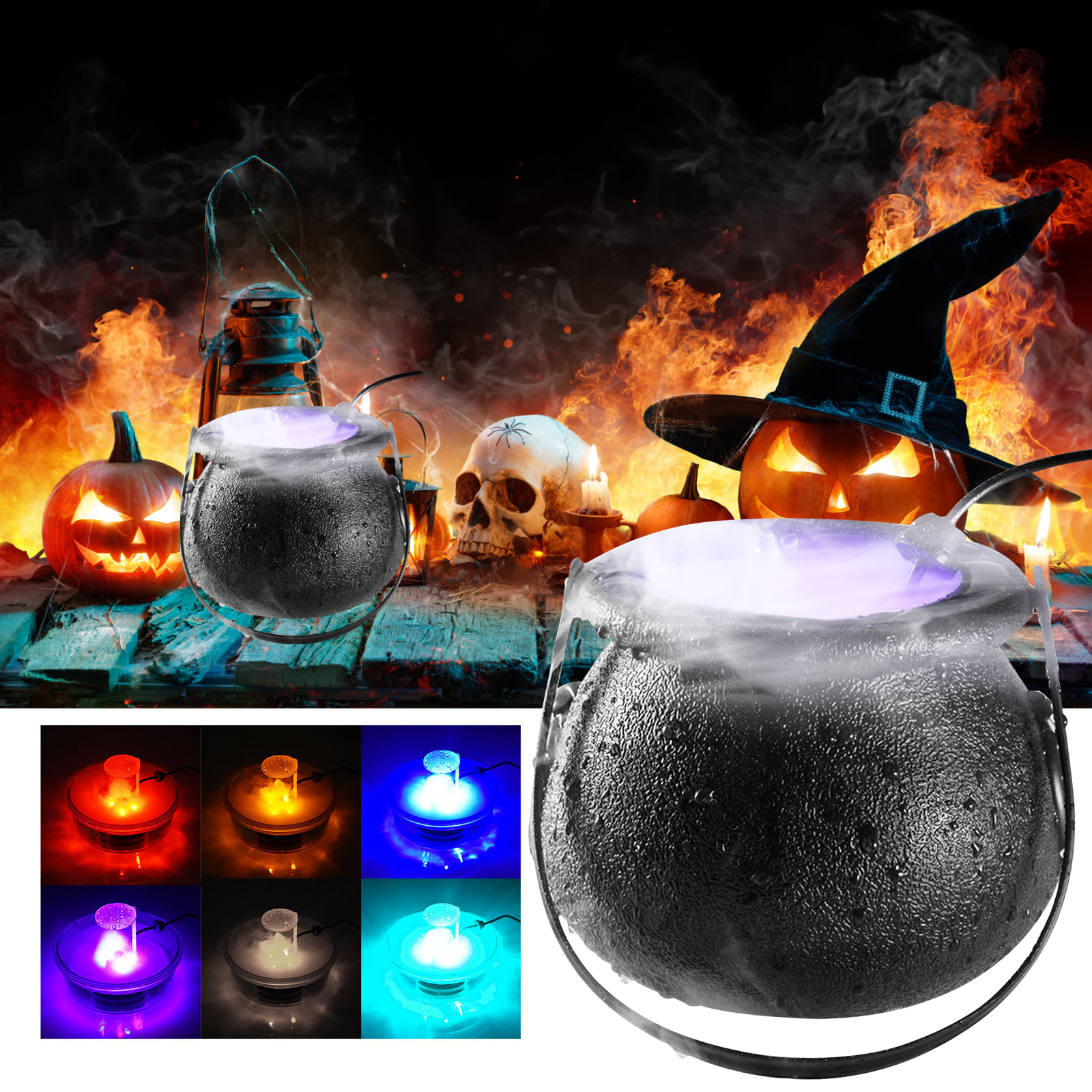 New Halloween Witch Pot Smoke Machine Fog Maker Water Fountain Fogger Color Changing Fog Machine