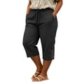 thumbnail image 6 of Women's Plus Size Casual Solid Lace Trim Drawstring 3/4 Pants, Cotton Linen Blend Summer Capris, Soft Elastic Waist Side Pockets, Lightweight Breathable for Work Walking | TruHer,Black XL, 6 of 6