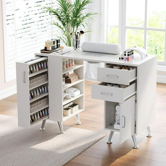 Manicure Table Nail Desk with Wrist Rest and Dust Collector, Nail Table Beauty Salon Nail Supplies Workstation with 2 Drawers, 1 Storage Cabinet, 1 Vertical Pull-Out Locker and 4 Shelves- White