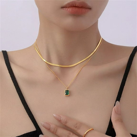 Punk Double Layered Necklace for Women 14K White Gold Flat Snake Chain Choker With Green CZ Pendant Female Jewelry Christmas Gift