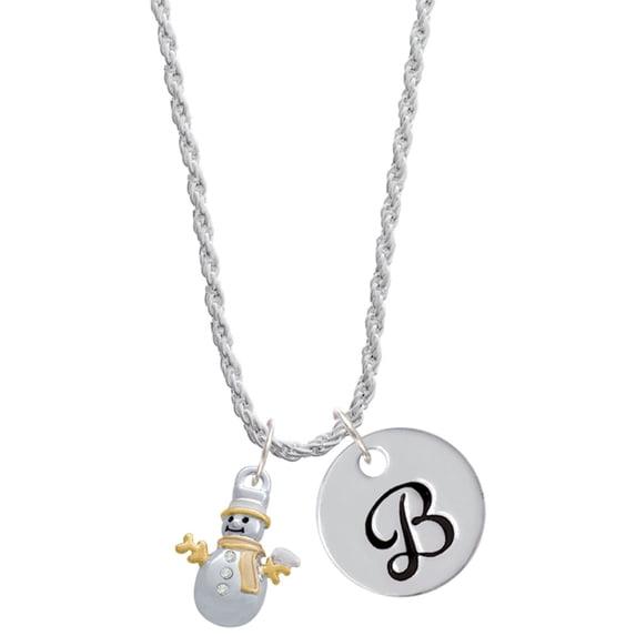 Delight Jewelry Two-tone Snowman with Crystal Buttons Silvertone Script Initial Disc - B - Charm Necklace, 20"+3"