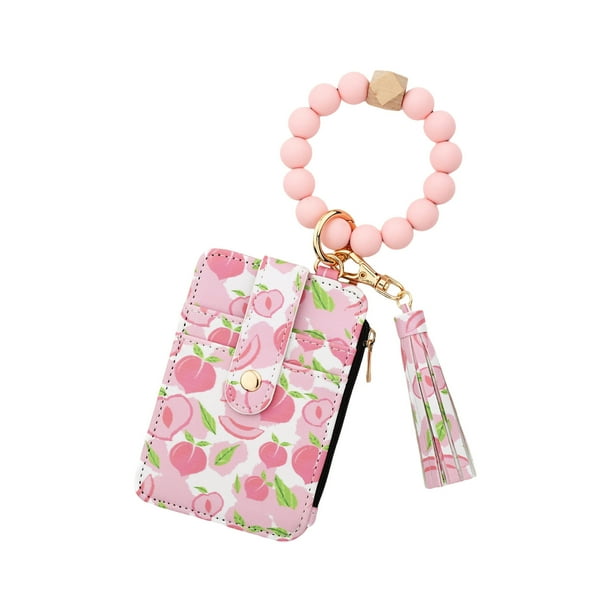 Tarjetero, Cartera de pulsera, Monedero, Monedero de bolsillo para mujer, Monedero, Llavero con borla de cuentas rosa, Llavero tipo brazalete, Monedero con llavero y pulsera, Monedero con broche, Melo