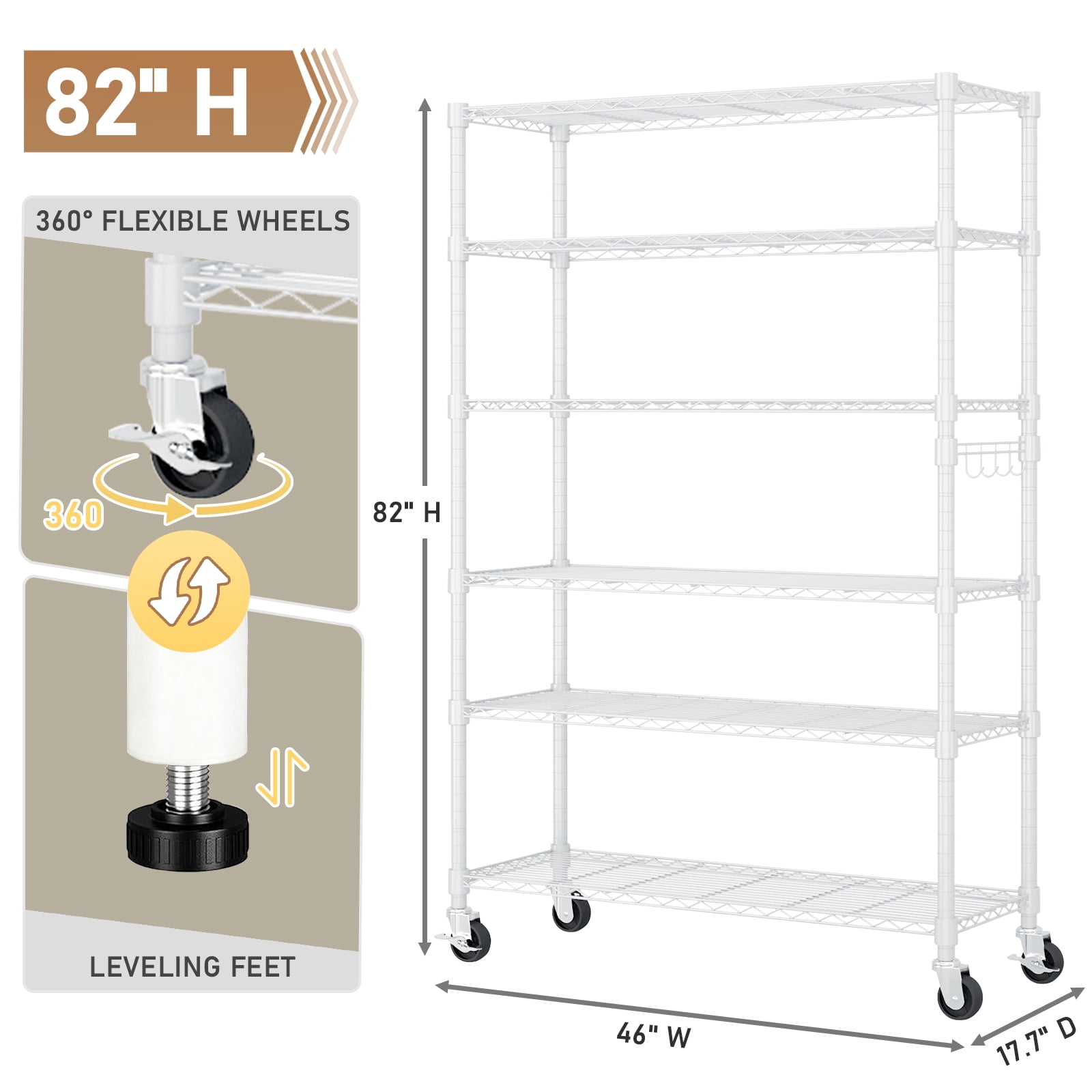 Ktaxon 6 Tier Wire Shelving with Wheels, 46"D x 18"W x 82"H Multifunctional Storage Rack Metal Garage Shelves Organizer, Capacity for 2400lbs, White