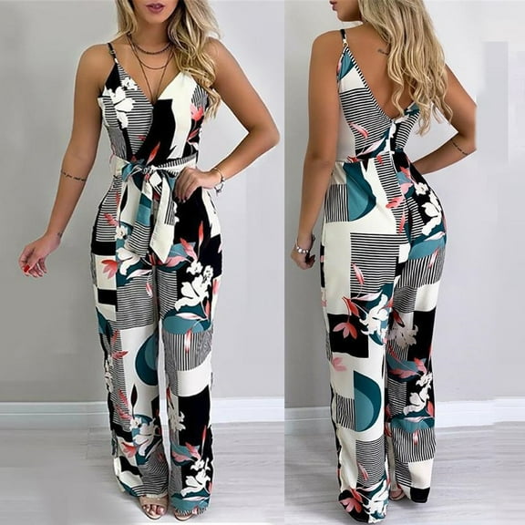 Clearance Fashion Ladys High Waisted Pants Fashion Women Printed V-Neck Camis Bangdage Casual Sleeveless Long Rompers