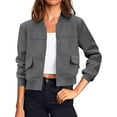 thumbnail image 2 of Long Sleeved Women Button Down Casual Crop Coat Bomber Jacket, 2 of 6