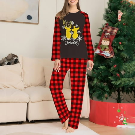 

LINMOUA Ladies Christmas Parent-Child Suit Round Neck Long Sleeve Plaid Christmas Homewear Suit