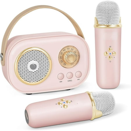 Mini Karaoke Machine for Kids&Adults Portable Bluetooth Speaker with 2 Wireless Microphones and Stereo Sound Enhanced Bass Gifts for Girls 6 7 8 9 10 11 12 Years Old Home Party Birthday(Pink)