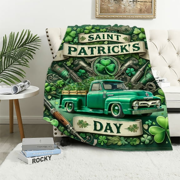 Orinice Shamrocks Green Pickup Truck Saint Patrick's Day Lightweight Fleece Blanket Soft Plush Blanket for All Seasons 50x60in