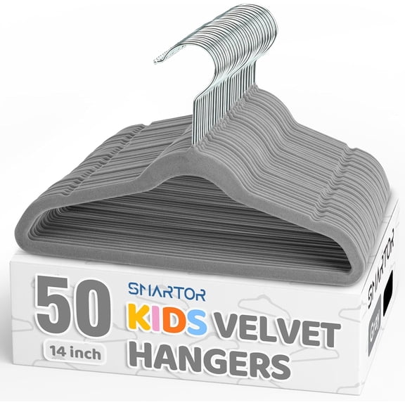 Premium 14 Inch Kids Hangers 50 Pack, Grey Baby Velvet Hanger, Non Slip, Space Saving Felt Hangers Clothes Organizers for Closet with 360° Swivel Hook for Children, Toddler & Teens