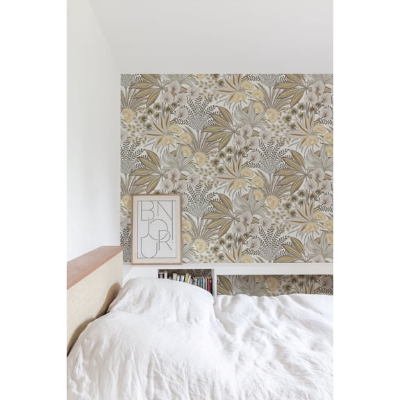 Grain Brown Tropical Ferns and Flowers Print Non Woven Non-Pasted Textured Wallpaper 57 Sq. Ft.