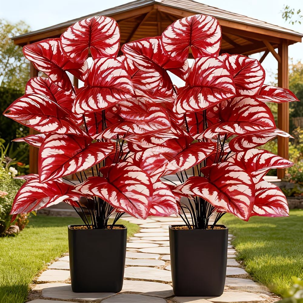 2 PCS 27.5 Inch Artificial Caladium Plants, Faux Red Leaf Caladium, UV Resistant Fake Plants for Indoor Outdoor Home Garden Decor, No Pot Included