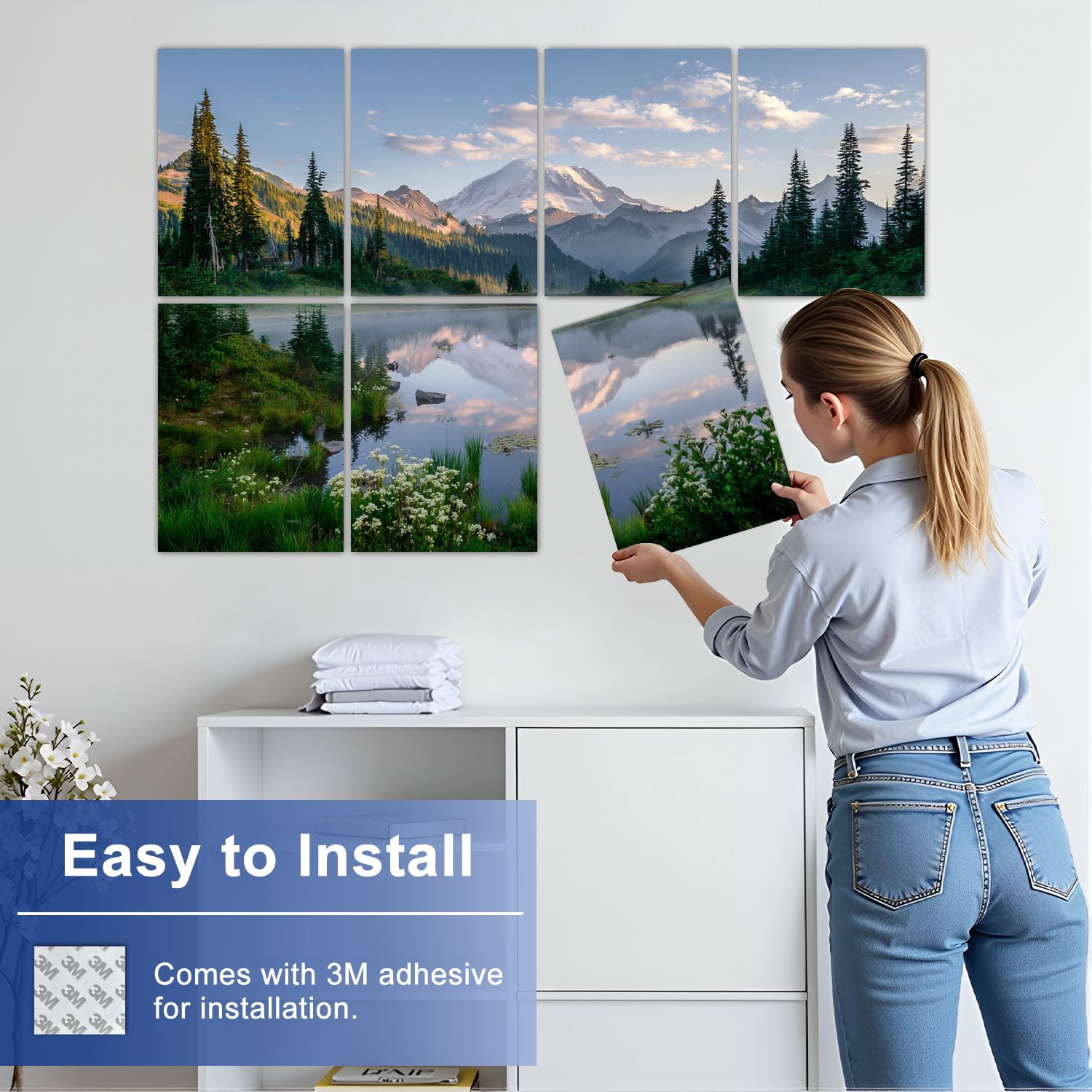 8 Pack Art Acoustic Panels Sound Absorbing Rainier Reflection Lake sunrise wildflowers blooming Decorative Soundproof Wall Panels Self Adhesive for Nursery Game Room Bedroom 48"x32"