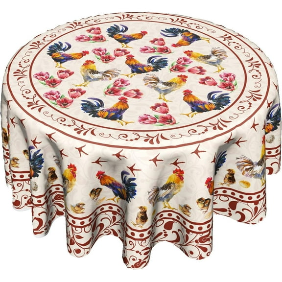 Rooster Round Tablecloth Farmhouse Eggs Chicken Wrinkle Resistant Tabletop Red Texture Floral Table Cover Decoration for Dining Kitchen Picnic Party Decor 60 Inch