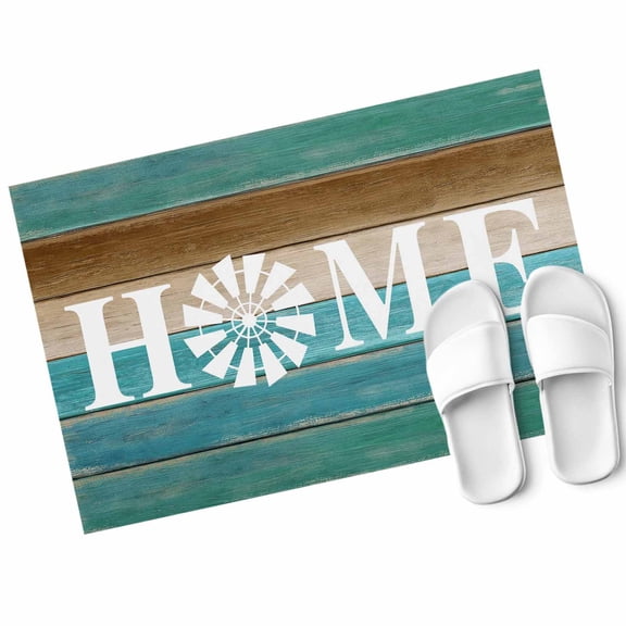 Brown Turquoise Door Mat Wood Grain Farmhouse Vintage HOME Non Slip Absorbent Entrance Mat Washable Low Profile Indoor Doormat for Front Door Entryway Entry 16"x24"
