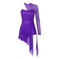 thumbnail image 3 of zdhoor Womens One Shoulder Long Sleeve Lyrical Dance Leotard Sheer Lace Split Mesh Skating Leotard Dress Purple L, 3 of 7