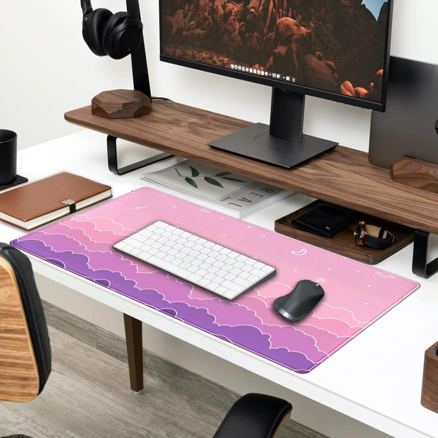 Kawaii Mouse Pad Desk Gaming Accessories Cute Clouds XXL Mouse Pad Pink Anime Office Decor Desk Mousepad Large, 31.5x15.7in Extended Keyboard Mousepad for Desk Girl with Stitched Edges Non-Slip