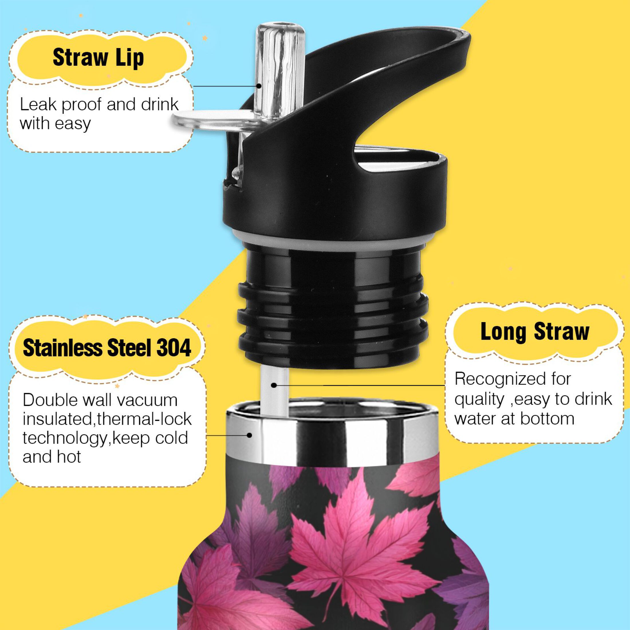 600ML Stainless Steel Insulated Cup Sports Water Bottle Portable Thermos Cup Water Glasses Insulated Tumblers Convenient and Durable Beautiful Maple Leaves
