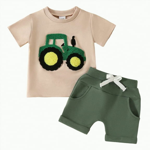 TOWED22 Toddler Baby Boy Summer Clothes Embroidery T-Shirt Casual Shorts Sets Infant Truck Excavator Dinosaur Pattern Outfits(Green,3-6 M)