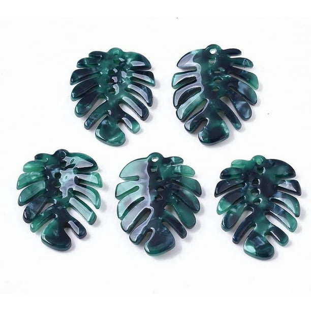 5 colgantes de hojas de monstera de acetato de celulosa (resina), dijes de hojas tropicales, colgantes de hojas de monstera color cian oscuro
