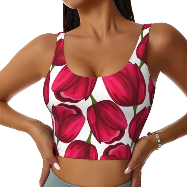 Fotbe Tulips Flowers Sujetador Deportivo Largo sin Aros para Mujer con Almohadillas y Soporte Medio, Transpirable y Absorbente, Camiseta Tipo Chaleco o Tank Top-Large