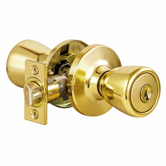 Polished Brass Keyed Entry Door Knob, Front and Back Door, 6-Way Universal Fit