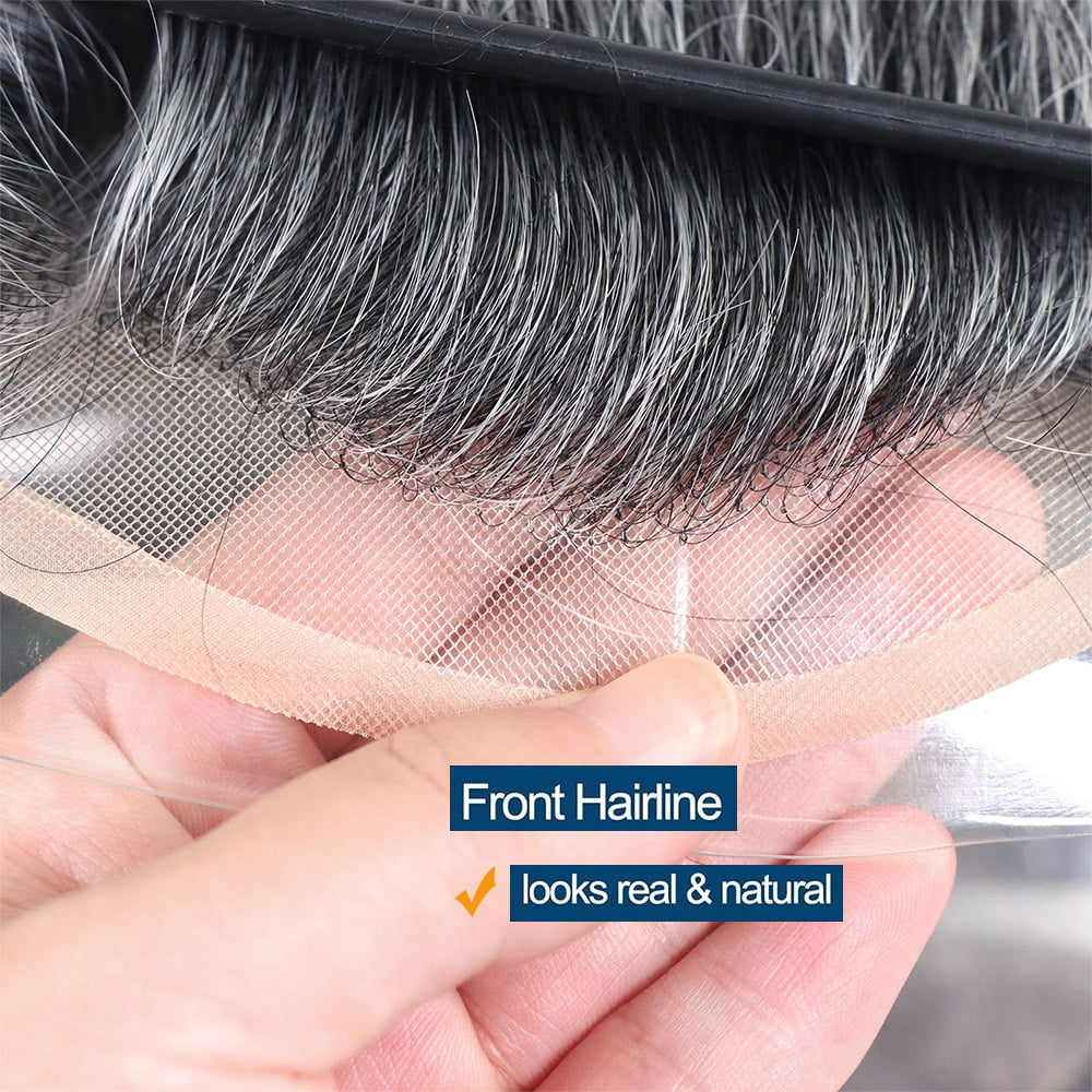 Hair Replacement System for Men Fine Mono with Poly PU Men's Toupee Wigs Human Hair 50% 1B OFF Black with 50% Synthetic Grey White Hair Toupee 10x8 Inch