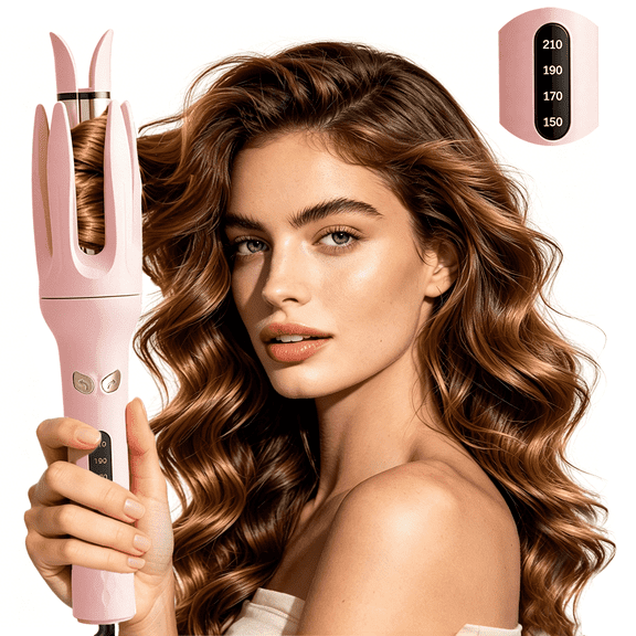 Automatic Curling Iron, 1.1″ Barrel Rotating Wand with 4 Temp, Ceramic Anti-Scald, Anti-Tangle Hair Curler Irons, for Beach Waves Hair Styling, Pink