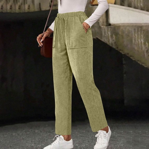 Corduroy Pants for Women Elastic High Waist Pull On Straight Leg Slacks Casual Trousers with Pocket Light Green S