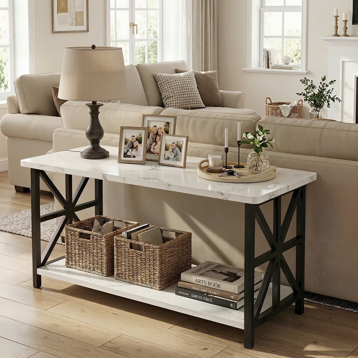 MIERES Marble-Effect Coffee Table, Rectangular Solid Wood Coffee Table, Living Room Center Table, Coffee Table with Storage Shelf, Suitable for Living Rooms, Offices, Apartments, WHite
