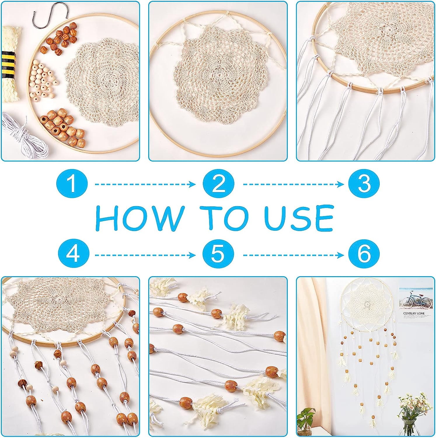 161 Pcs Wooden Beads Kits Round Barrel Bicone Wood Beads with Polypropylene Fiber Ribbons Bamboo Circle Cross Stitch Hoop Ring Cotton Lace Cup Coasters DIY Decorations Making