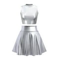 thumbnail image 2 of Women's 3Piece Metallic Outfit Shiny Crop Top + Silver Flared Skirt + Alien Headband Halloween Costume Clubwear Musical Festival Rave Outfit S Silver - Turtleneck, 2 of 8