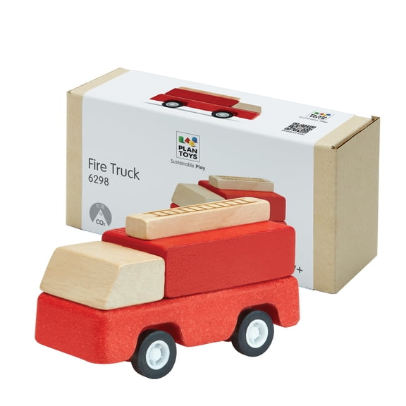 PlanToys® Fire Truck Wooden Montessori Vehicle Toy | Early Movement, Imagination and Practical Life Exploration | Eco Friendly Fire Rescue Truck for Indoor and Outdoor Play