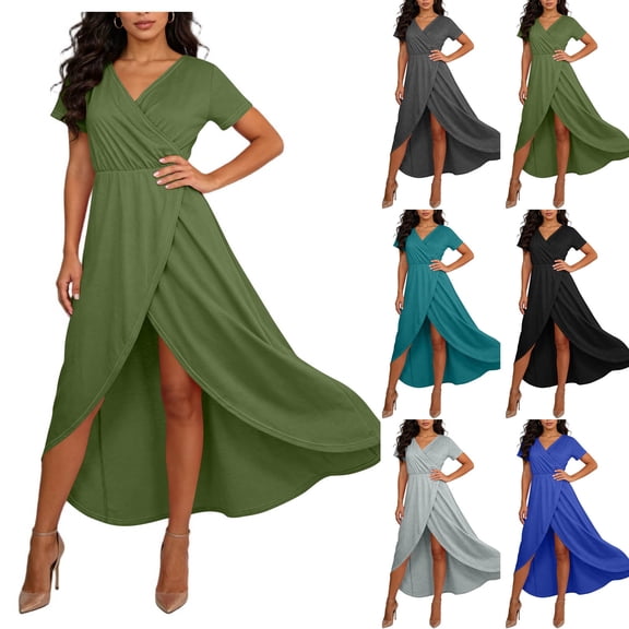 Plus Size Swing Dresses for Womens 2026 Fashion Summer Wrap V-Neck Short-Sleeve Maxi Dress With High Slit Multiple Colors