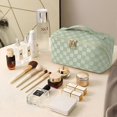 thumbnail image 4 of Pu Leather Waterproof Make Up Bag with Handle and Divider Fashionable Makeup Organiser Bag Portable Travel Storage Large Makeup Bag (Green), 4 of 5
