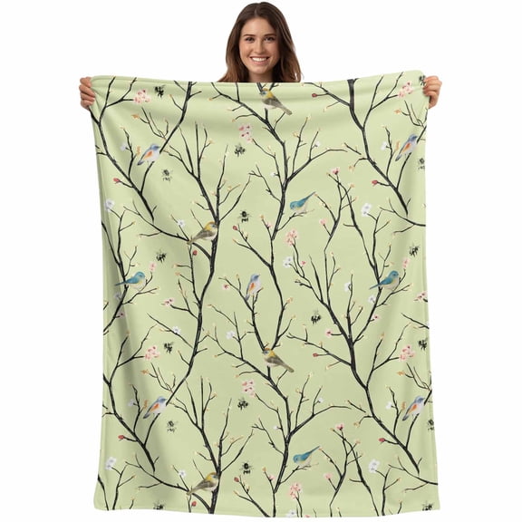 Flannel Fleece Throw Blanket Spring Bird Flowers Branch Lightweight Soft Plush Blankets,Watercolor Floral on Sage Green Cozy Warm Throw Blanket for Couch Sofa Bed Car Office All Season Use 40x50in