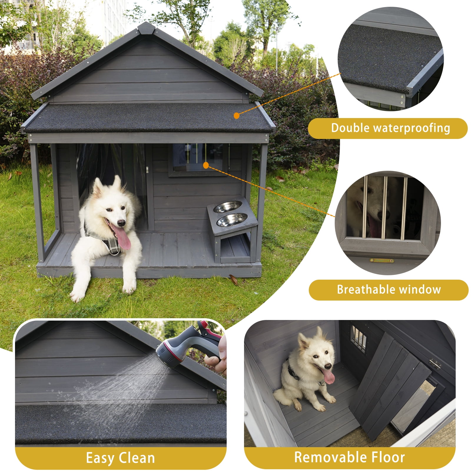 ZephyPaws Large Outdoor Wood Dog House with Spacious Terrace,Breathable Window 2 Feeding Stainless Bowls,Dog Kennel with Asphalt Roof,Dog Cage with Resting Porch for Large Dogs,Gray